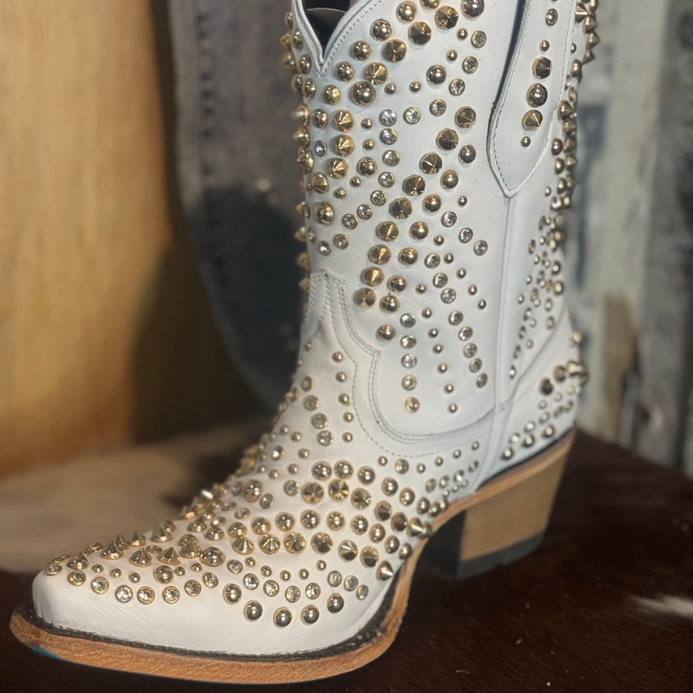 White and Gold Heeled Boots with Studded Embellishments
